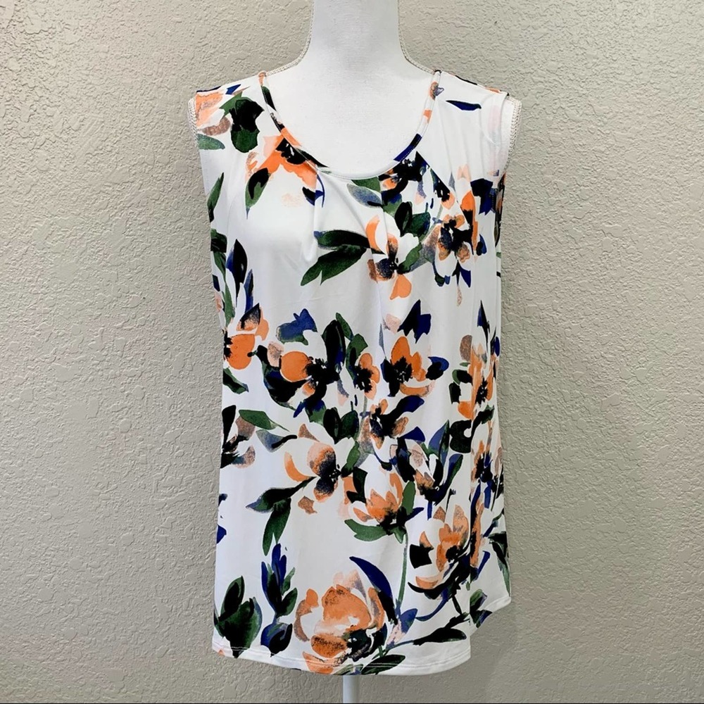 DKNY Sleeveless Pleat Neck Print Top, Sz XL, NWT